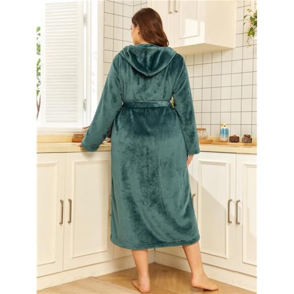 Women Hooded Fleece Robe Green - Picture 3 of 6